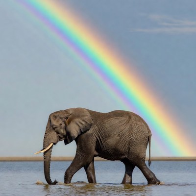 Elephant walking under rainbow sky