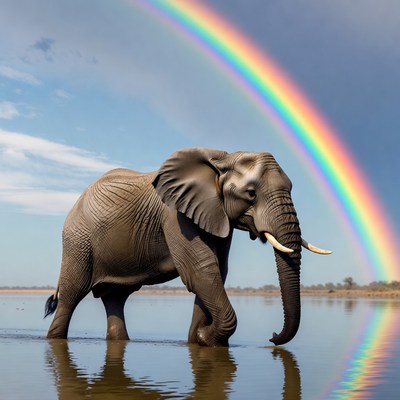 Elephant walking under rainbow