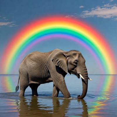 Elephant walks in water under rainbow
