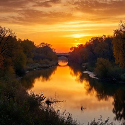 Sunset over river and bridge