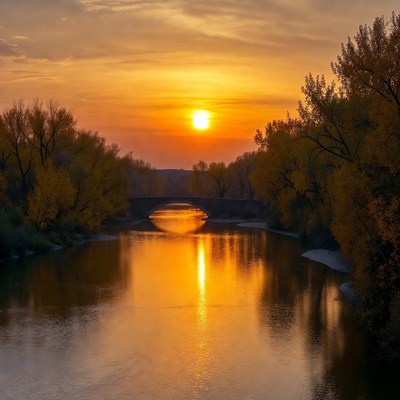 Sunset over river with bridge