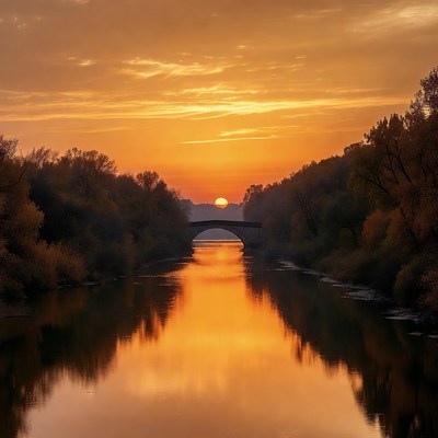 Sunset over river with bridge