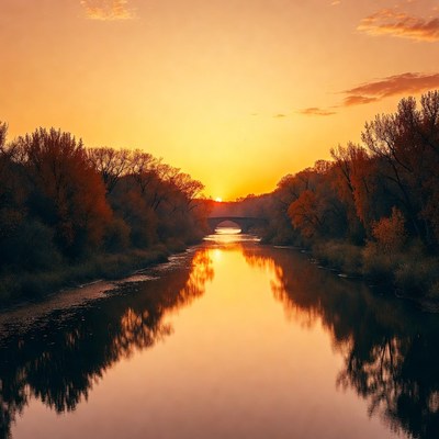 Sunset over calm river landscape