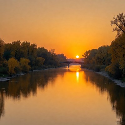Sunset over the river with bridge