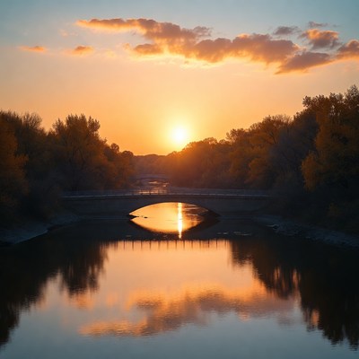 Sunset over river and bridge