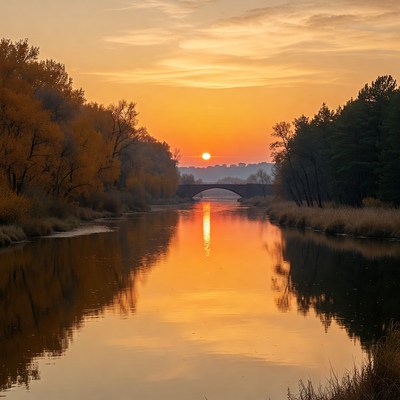 Sunset over calm river scene