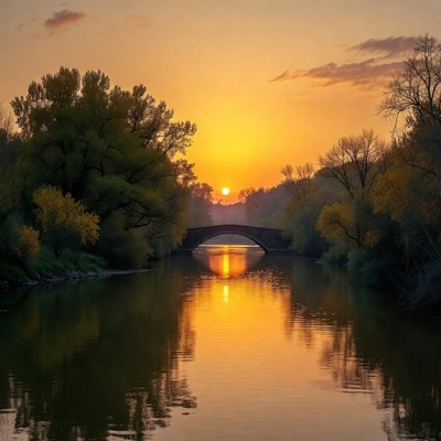 Sunset over river with bridge