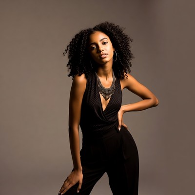 Model poses in studio setting