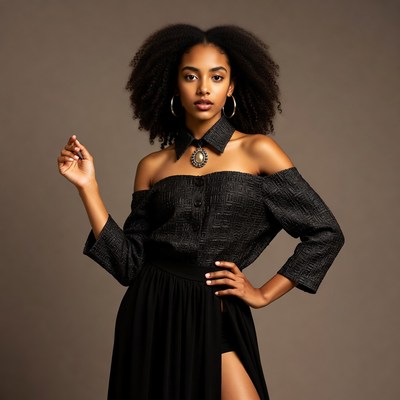 Model poses in fashion studio setting