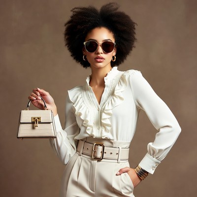 Fashion model poses with handbag indoors