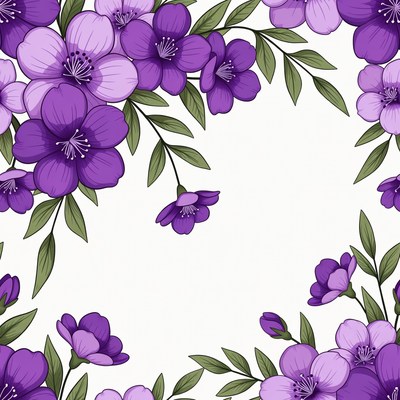Purple flowers, green leaves, white bg