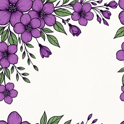 Purple flowers frame on white background