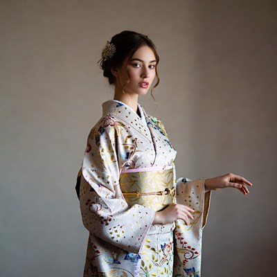 Model in kimono poses indoors