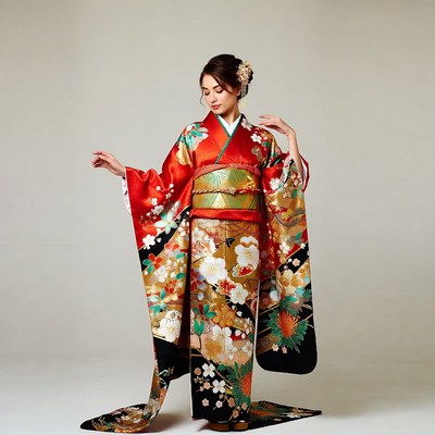 Woman in traditional kimono near background