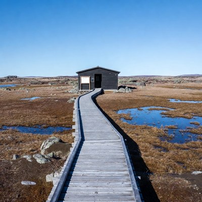 Wooden path leads to building