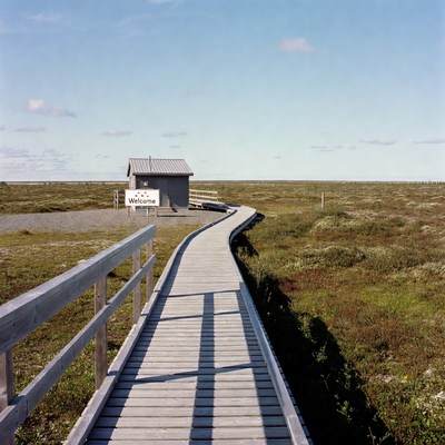 Welcome center on a wooden path
