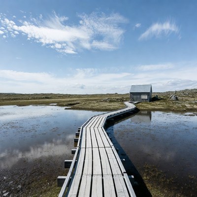 Wooden path leads to small building
