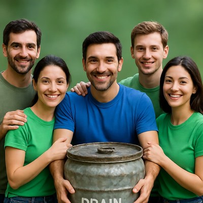 Group holds container outdoors
