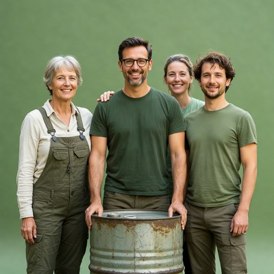 Group of people with barrel in studio