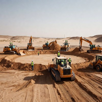 Workers operate machinery on desert site
