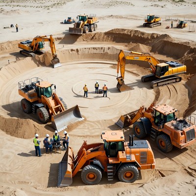 Construction site with heavy machinery in action
