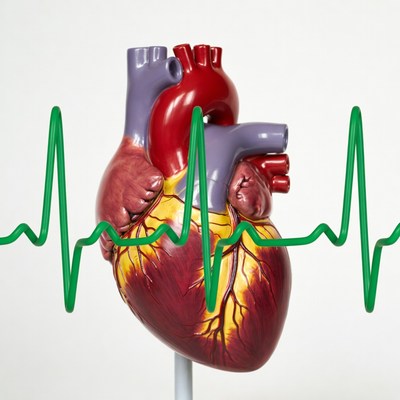Heart model with heartbeat line display