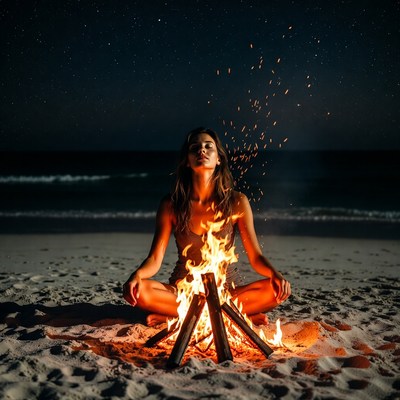Woman meditating by beach fire