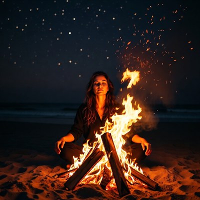 Fire at night on the beach