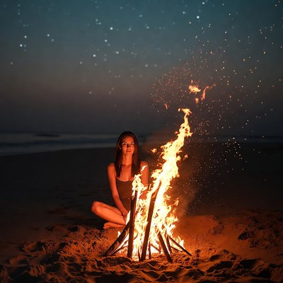 Woman sitting by beach bonfire at night