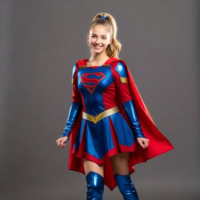 Girl in superhero costume posing happily