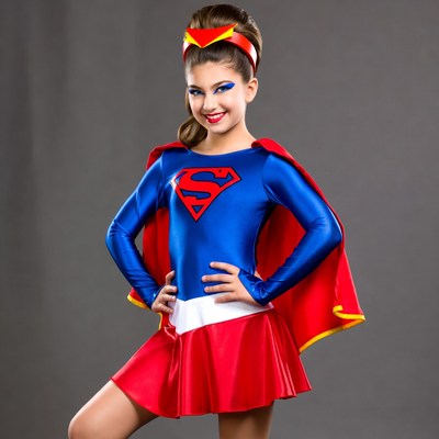 Young girl in superhero costume posing
