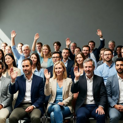 People raising hands in meeting