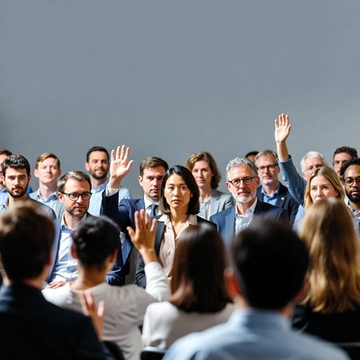 Audience raises hands during discussion