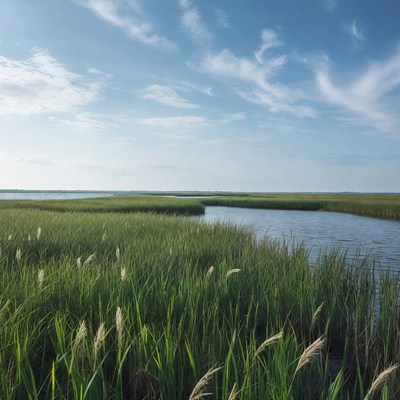 Green grass and water scene under sky