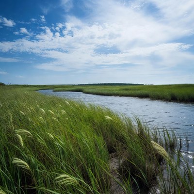 Grass and water under blue sky