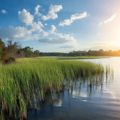 Green grass by the water at sunset