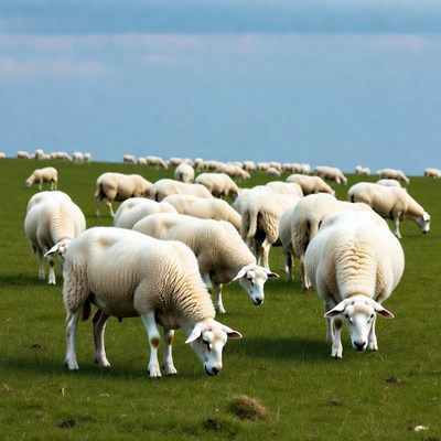 Sheep grazing on green pasture near ocean