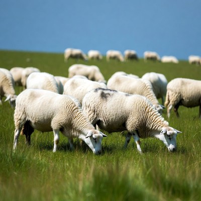 Sheep grazing in green field under blue sky