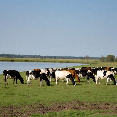 Cows grazing by the water