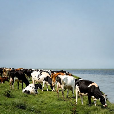 Cows grazing near a river bank