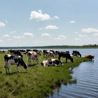 Cows grazing by the water's edge