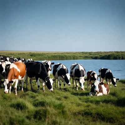 Cows grazing by the lake