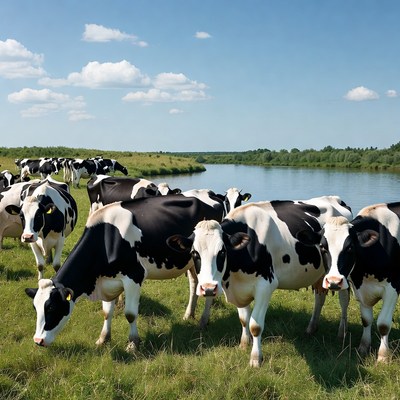 Cows by the river in daylight