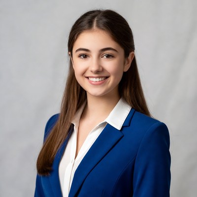 Young woman in blue suit smiling