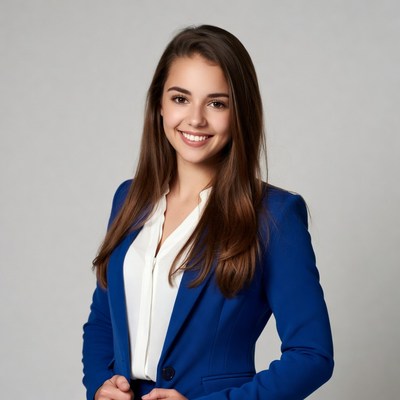 Young woman poses in business outfit