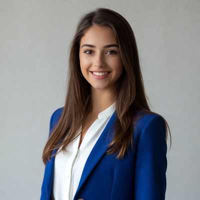 Woman in blue suit smiling indoors