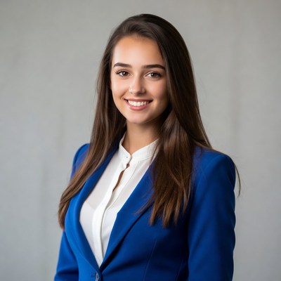 Professional woman smiles in blue suit