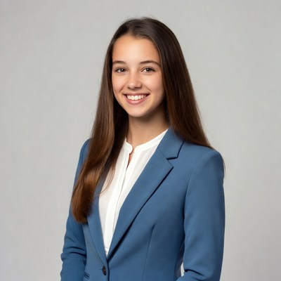 Young woman in business suit smiles