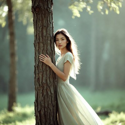 Woman standing by tree in forest