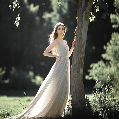 Woman in dress by tree